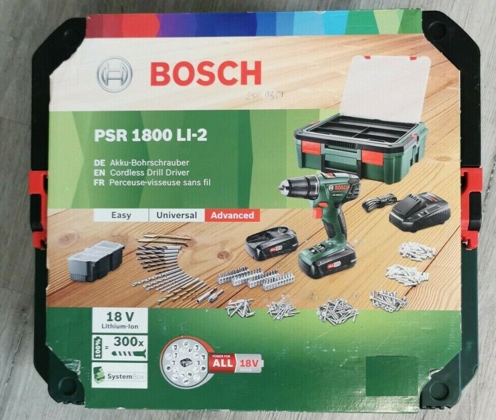 Bosch Akku-Bohrschrauber PSR 1800 LI-2 18V 2x1,5 Ah +Systembox +24tlg Zubehör