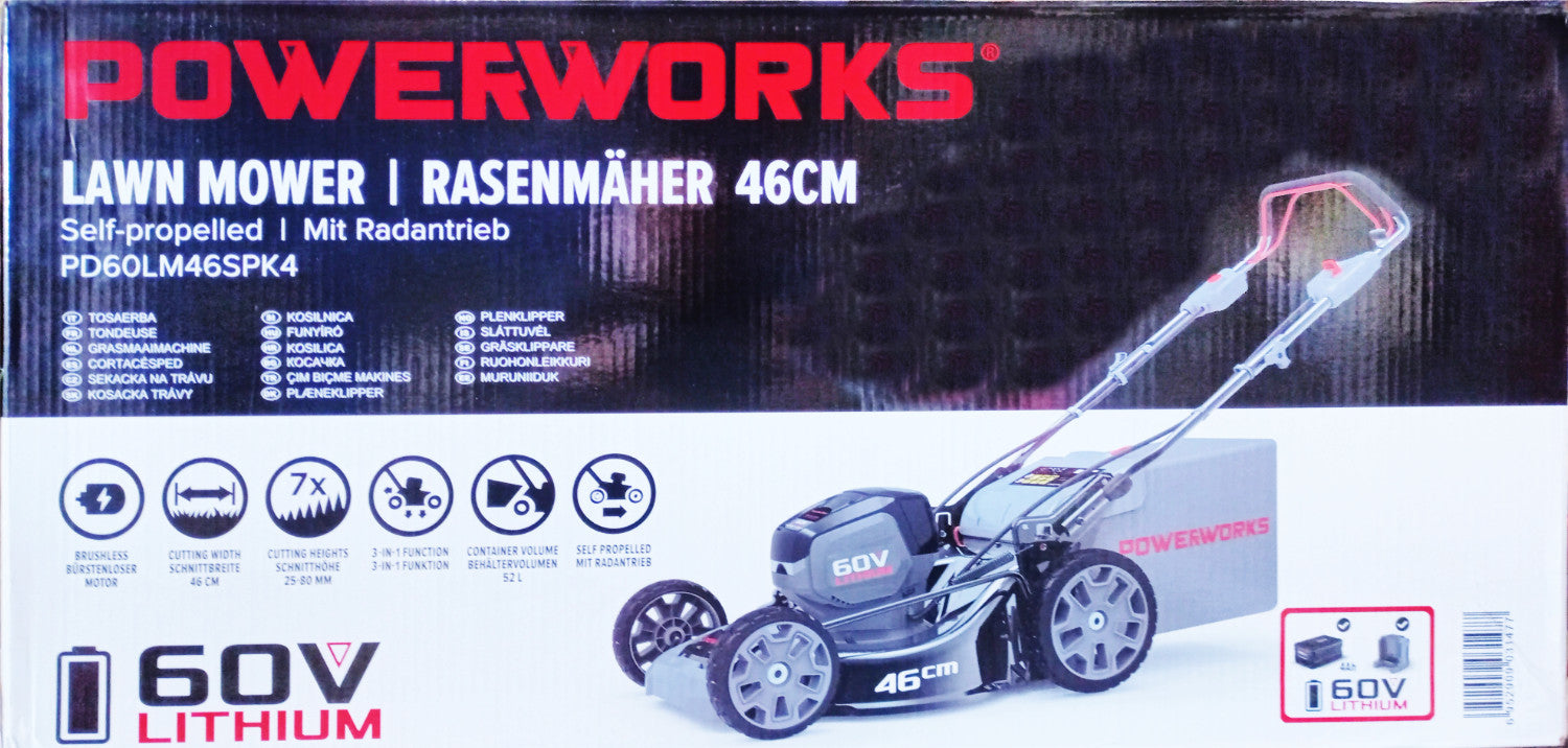 Powerworks Akku-Rasenmäher PD60LM46SP 60 V, Radantrieb Akku 60V/4Ah+ Ladegerät